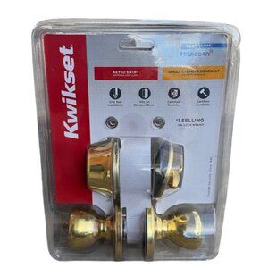 Kwikset Tylo Polished Brass Entry Door Knob & Dual Cylinder Deadbolt Combo Pack